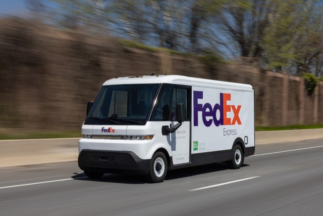 gm brightdrop fedex ev van on road